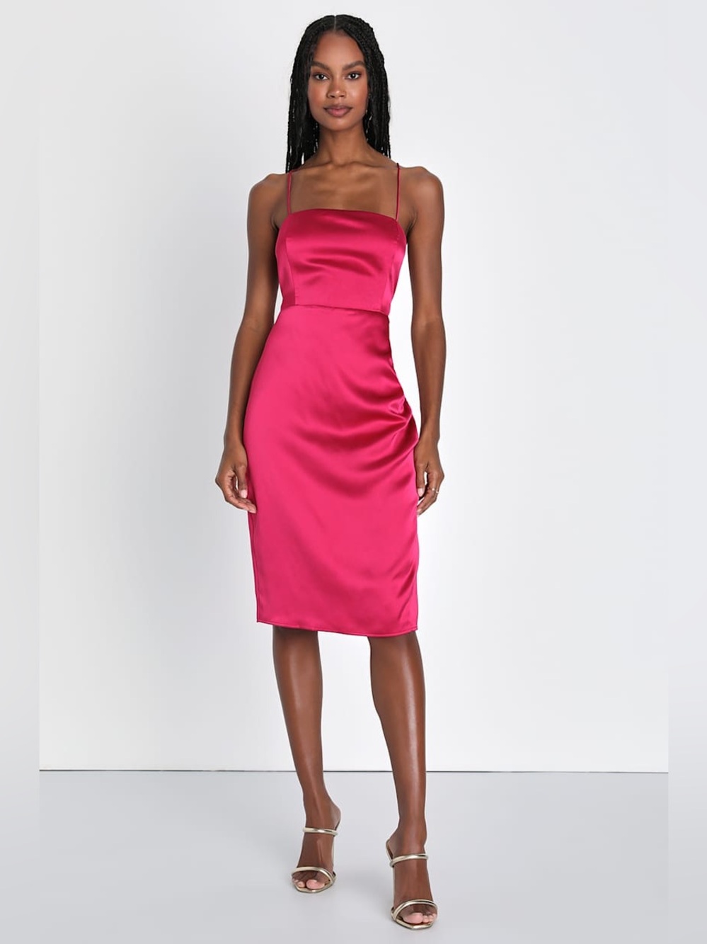NWOT Lulus Always Luminous Magenta Satin Ruched Lace-Up Dress